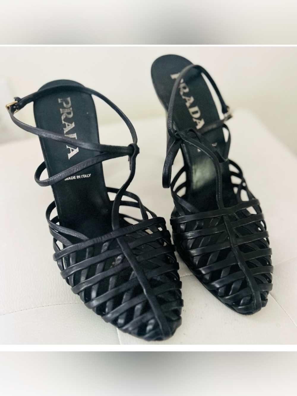 Prada Black Leather Triangle Heel Lattice Ankle Strap Heels Closed Toe Sandals